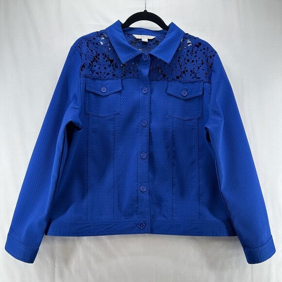 Merin London Jacket Womens Size L Lace Trim Textured Trucker Button Front Blue - Picture 1 of 11
